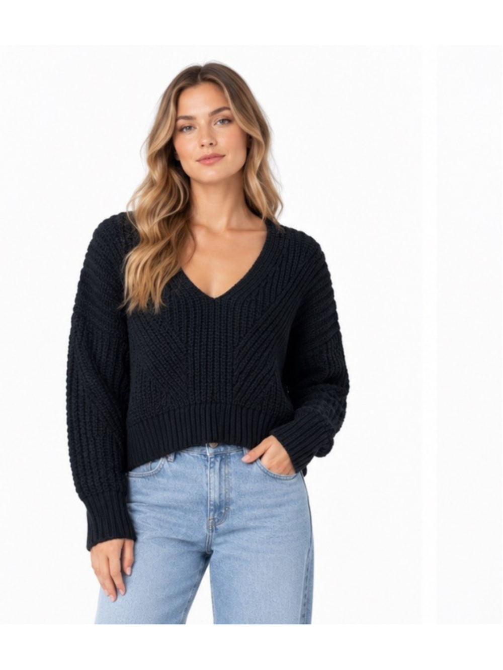Maeve Anthropologie V Neck Sweater Small Black Cotton Wool Chunky Knit